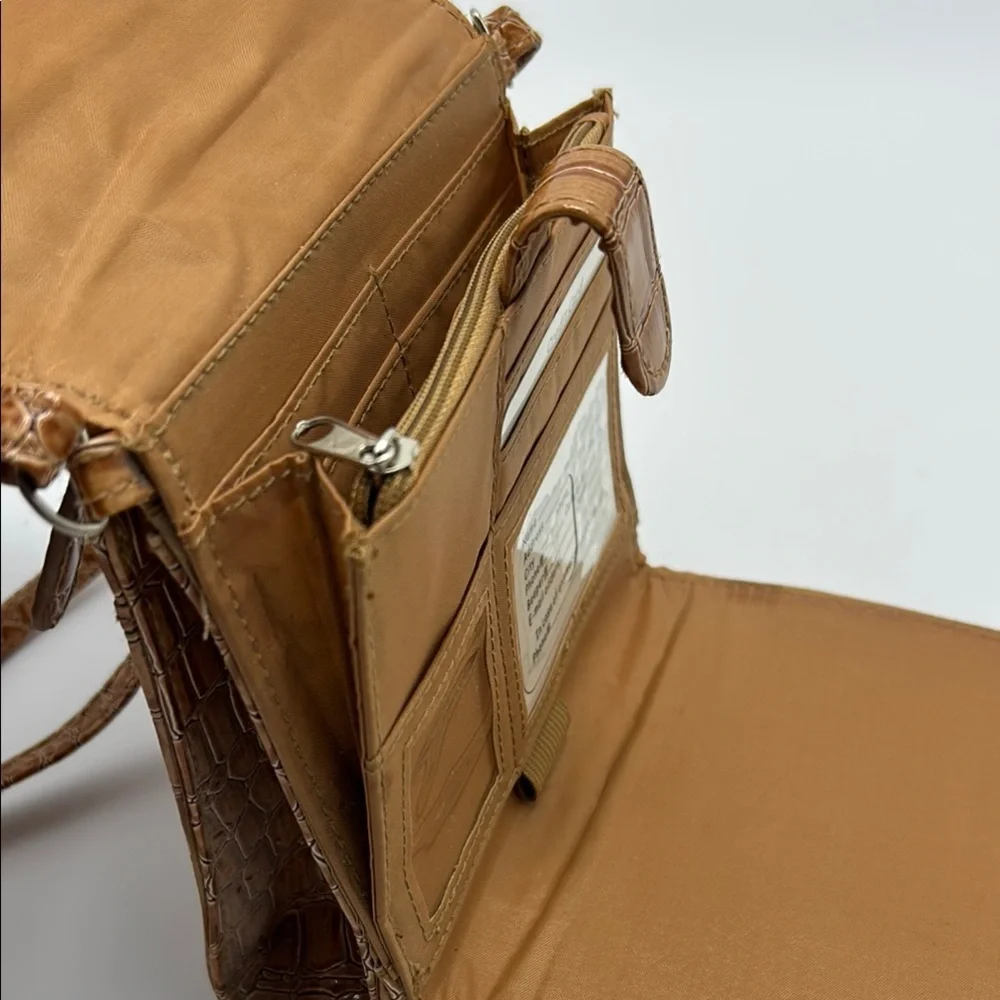 George wallet on string shoulder bag tan animal print faux patent leather casual